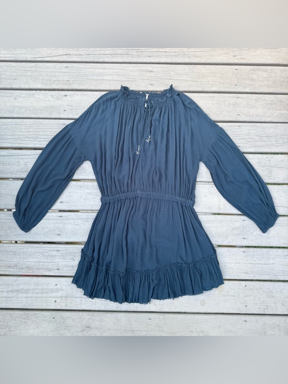 Free People boho dress with smocked waist and tie neckline size L